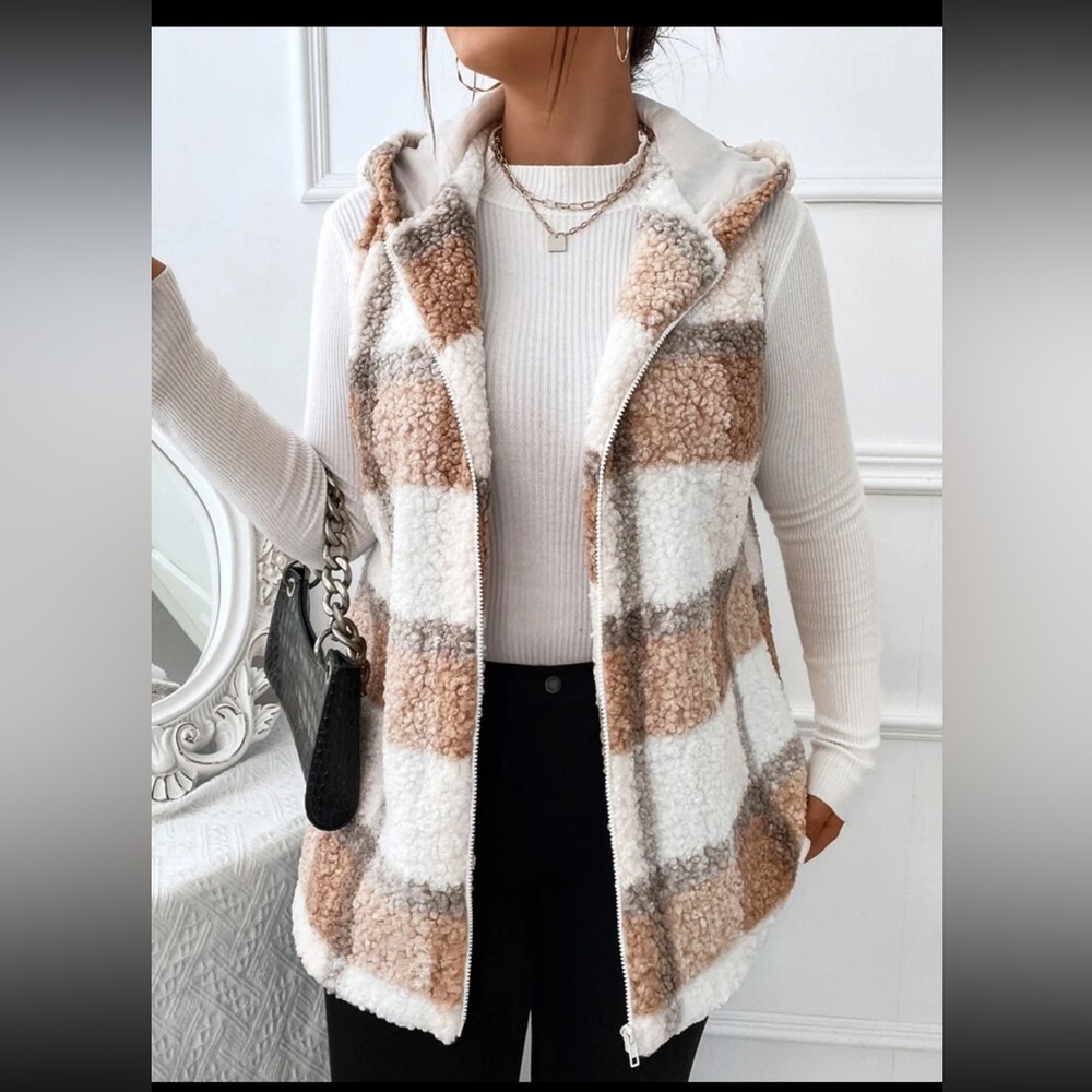 SOLD- Mercari. SHEIN Essnce Plus Plaid Pattern Teddy Vest Coat - Picture 1 of 2